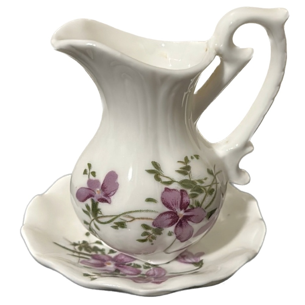 Vintage Mini White With Purple Wildflower Pitcher and  Basin Set